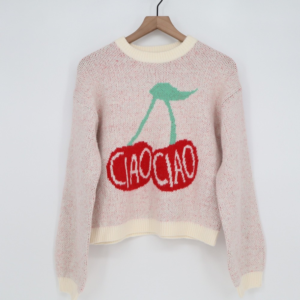 A New Day Sweater Womens XS Pullover Pink Ciao Ciao Cherry Graphic Excellent